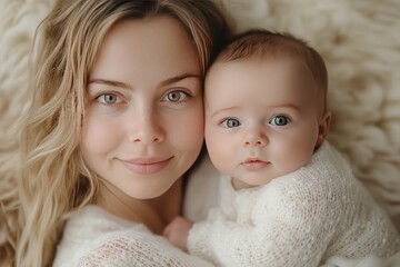 Newborn baby and mother in white