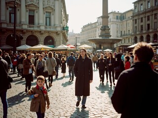 A bustling city square with diverse people walking around under a bright, sunny sky, featuring historic architecture and lively market stalls in the background.