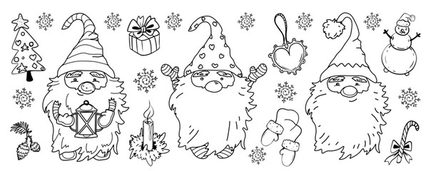 Vector coloring pages with cute dwarfs. Christmas cards, sets of festive accessories with snowflakes, gifts and gnome. Illustration for hobbies and relaxation.