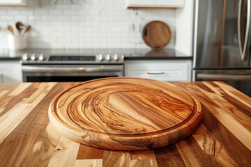 Round empty cutting board lying on wooden kitchen tabletop