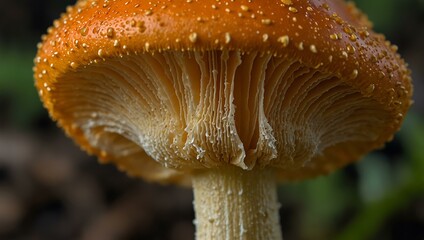 Close-up of a golden orange mushroom showcasing gills.