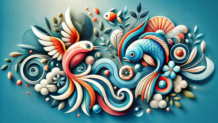 A vibrant abstract artwork featuring a bird, fish, and swirling patterns in soft colours, creating a whimsical and dynamic visual.