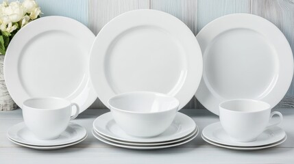 A serene table setting featuring white ceramic tableware beside a vibrant flower in a vase on a light wooden surface. The natural lighting enhances the tranquil atmosphere