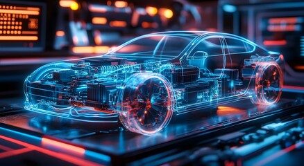 A holographic representation of an electric vehicle's battery and motor, with visible wires connecting to the car body, set against a backdrop of blue neon lights.
