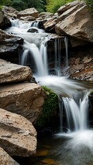 Close-up of a waterfall among rocks in a park.