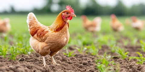 A chicken is standing in a field of grass. There are several other chickens in the field. The scene is peaceful and calm