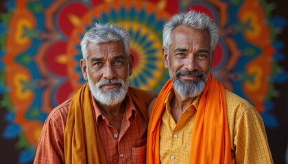 Naklejka premium Two Elderly Indian Men Joyfully Celebrating Diwali Indoors with Vibrant Rangoli