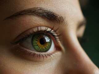 Close-up of a woman's green eye with long eyelashes.