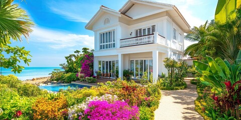 white-walled cottage facing a tiny garden full of flowers and plants in the full blue sky and sunshine