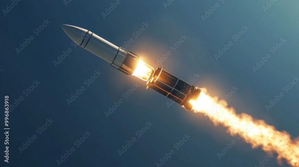 Poster a powerful rocket ascends into the sky, trailing bright flames and smoke as it begins its journey in
