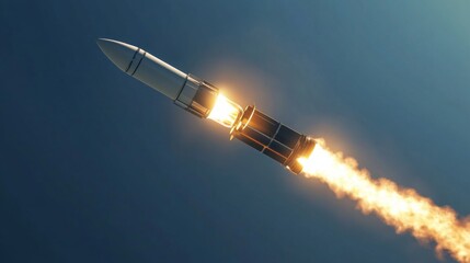 Obraz premium A powerful rocket ascends into the sky, trailing bright flames and smoke as it begins its journey into space, demonstrating advanced aerospace engineering and technology in action.