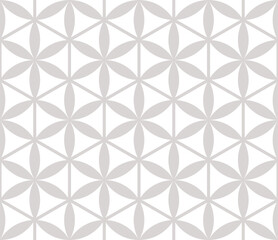Vector seamless pattern. Abstract floral geometric ornament. Gray and white background with flower silhouettes, lines, hexagonal grid, lattice, mesh. Delicate repeated geo design for decor, print