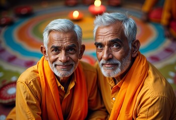 Obraz premium Two Indian Men Celebrating Diwali Indoors Surrounded by Colorful Rangoli and Lights