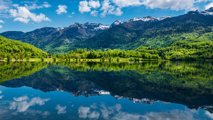 Vue de la côte nord-est du Lac Bohinj, Slovénie, sous un grand soleil, en reflet sur le lac
