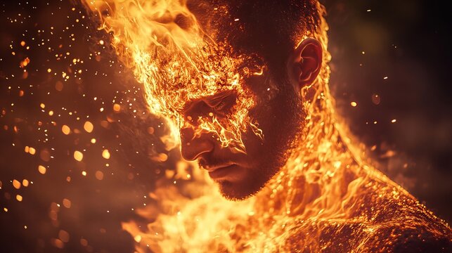 Beautiful image of a man whose face and arm are burning in sparks of fire