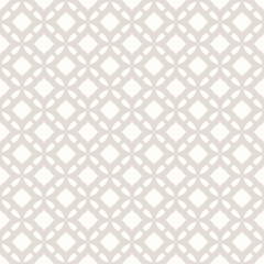 Subtle grid ornament. Vector abstract beige and white geometric seamless pattern with lattice, mesh, net, diamond shapes, flower silhouettes. Simple minimal background texture. Elegant repeated design