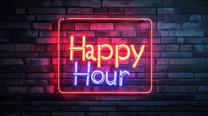 Neon "Happy Hour" sign glowing on a brick wall background.