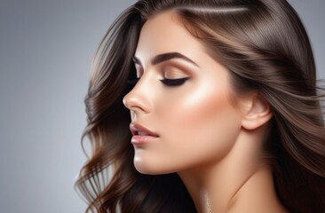 Fototapeta premium Close-up. Portrait of a girl with beautiful hair in profile on a gray background. Hair care concept.