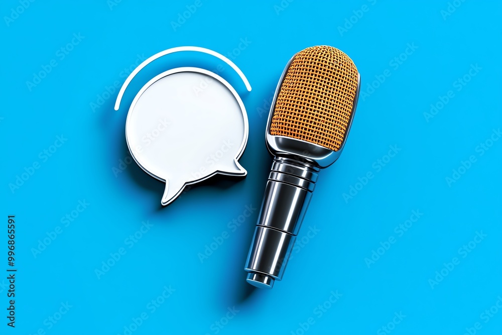 Poster A clean, minimalist icon of a speech bubble and a microphone, representing public speaking in a modern and simple style