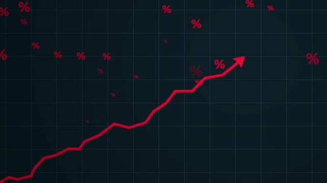 Increasing red arrow with percentage icons on a dark background - motion graphics