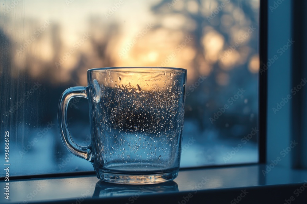 Sticker A Glass Mug with Water Droplets on a Window Sill