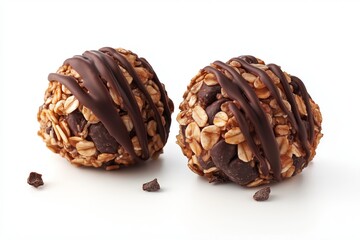 Two dark chocolate dipped oat balls with chocolate drizzles and small chocolate chips