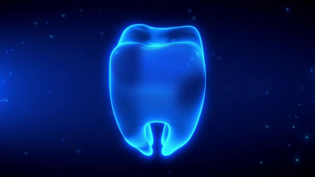 A high-tech 3D animation of a human tooth being scanned with glowing blue lines and particles rotating motion view, lasts 20 seconds seamless loop for medical and sci-fi applications