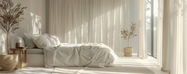 Modern, minimalist bedroom with soft natural light, neutral decor, large windows, Minimalism, Soft tones, Interior design, Calming and inviting