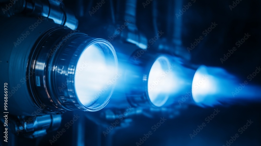 Aufkleber bright blue thruster jets are powering up in a dimly lit laboratory, producing intense light and hea