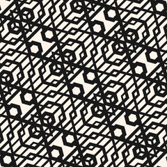 Vector black and white  geometric seamless pattern with lines, diagonal grid, lattice, hexagons, rhombuses, repeat tiles. Abstract linear monochrome background texture. Endless repeatable geo design