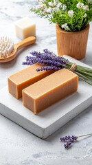 Lavender soap with herbs and a plant