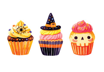 Watercolor Halloween cupcakes set. spooky decorated muffins. Halloween food for holiday designs