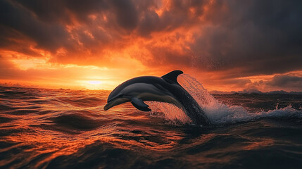 Fototapeta premium Dolphin leaping from ocean at sunset, captured in vibrant colors and dramatic lighting concept