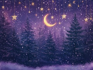 Naklejka premium A dreamy Christmas night in a Purple Basil colored winter forest
