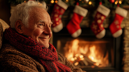 Fototapeta premium Senior man by cozy fireplace, wearing red scarf, enjoying holiday season, Christmas stockings in background, warm and festive atmosphere, Christmas joy concept