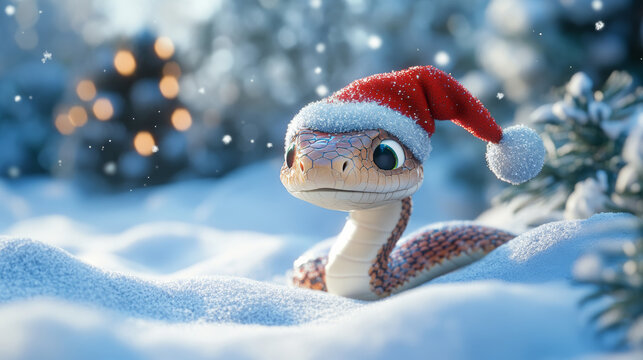 Adorable snake wearing Santa hat in snowy landscape, Christmas theme, winter holiday concept