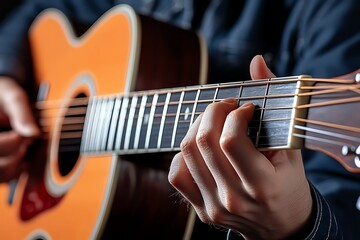 Fototapeta premium A close-up of a person playing an acoustic guitar, focusing on their fingers strumming the strings
