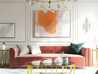 Sophisticated and elegant contemporary living space featuring a plush velvet sofa brass and glass coffee table abstract artwork and a modern chandelier