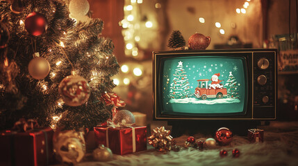 Vintage television displaying Christmas scene, decorated tree, gifts, cozy holiday interior, retro, festive atmosphere, nostalgic, Christmas celebration concept