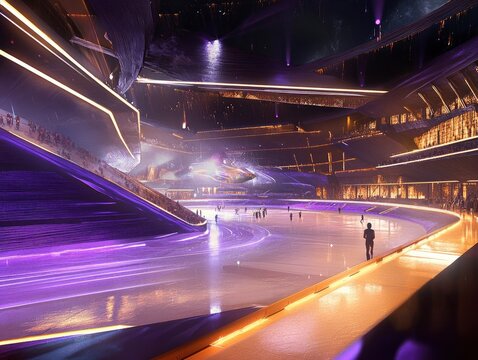 A futuristic sports arena illuminated with Purple Basil lighting