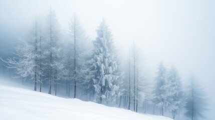Fototapeta premium Mystical winter forest, foggy conifer trees, snow-covered landscape, serene atmosphere, seasonal nature concept