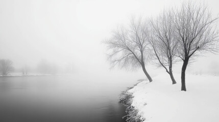 Winter landscape with fog, snow-covered trees by the river, tranquil and serene scene, nature, winter, fog, snowy, trees, river, and serenity concept