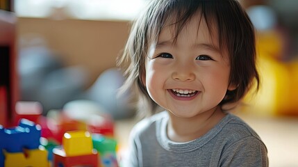 A child smiling while playing with toys, with a simple background providing space for text.