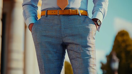 Blue checkered pants with a yellow belt create a bold statement in men�s fashion, blending style and flair.