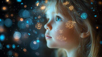 A little girl looks toward a future filled with technology and artificial intelligence, eyes full of curiosity.