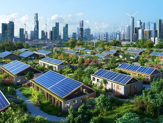 Renewable energy projects driving urban revitalization and empowerment expansive solar farms powering the city grid wind turbines generating renewable energy electric rideshare hubs