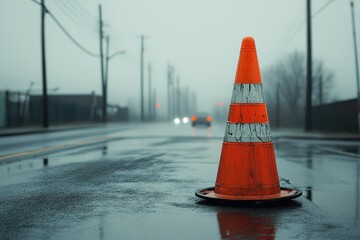 An Orange Traffic Cone on a Wet Road in Foggy Weather