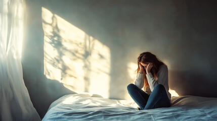 Obraz premium Upset woman sitting on bed, sunlight streaming through window, feeling lonely, deep emotions concept