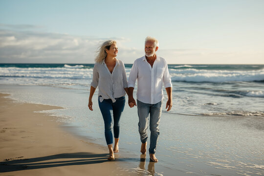 Happy elderly couple walking on beach, holding hands, enjoying retirement, ocean waves, clear sky, golden sand, sunset light, peaceful, romantic moment, vacation, senior love concept