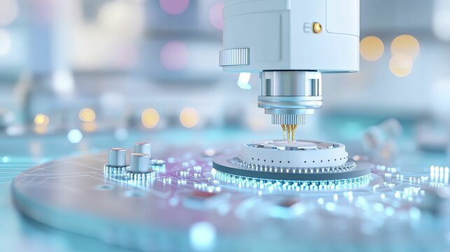 High-frequency Component Fabrication, RF components and manufacturing setup, set against an electronics lab background, 3D illustration